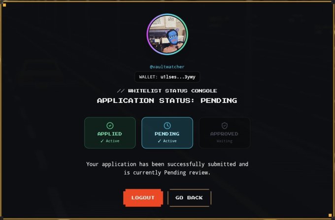 Whitelist Status Console webpage showing APPLICATION STATUS: PENDING for user @vaultwatcher, with logout and go back buttons.