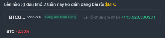 A Vietnamese-language social media post showing a BTC long position with a profit of +113,629.33 USDT, noting BTC at -2.30%.