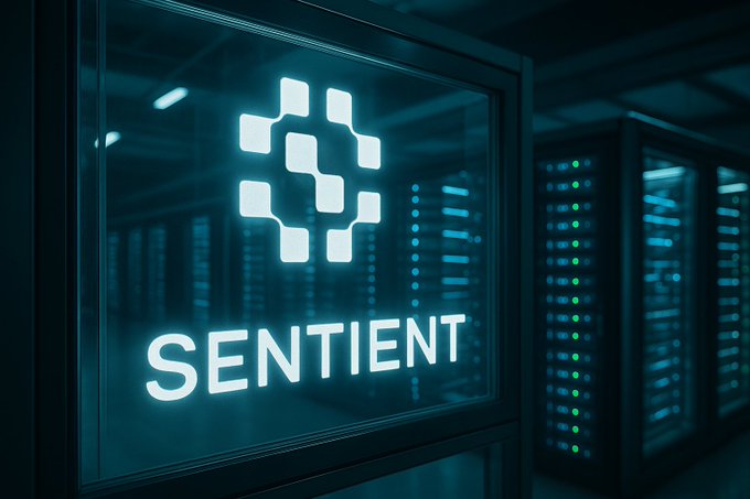 Stylized server room scene with glowing teal 'SENTIENT' logo displayed on a glass panel beside server racks with blinking lights.