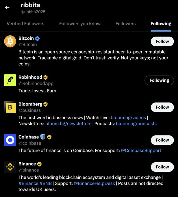 A screenshot of @ribbita's Twitter/X "Following" list shows accounts like Bitcoin, Robinhood, Bloomberg, Coinbase, and Binance, visually illustrating the hypothetical scenario described in the post where major exchanges and trading platforms (Coinbase, Robinhood, Binance) would list the $TIBBIR token.