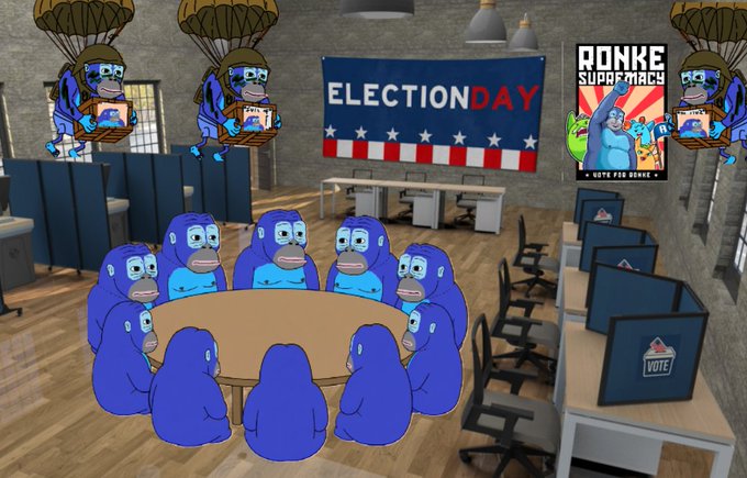 A cartoon scene depicting blue gorilla characters in an office setting with an 'ELECTION DAY' banner and posters for 'RONKE SUPREMACY' and 'VOTE FOR RONKE' on the walls.