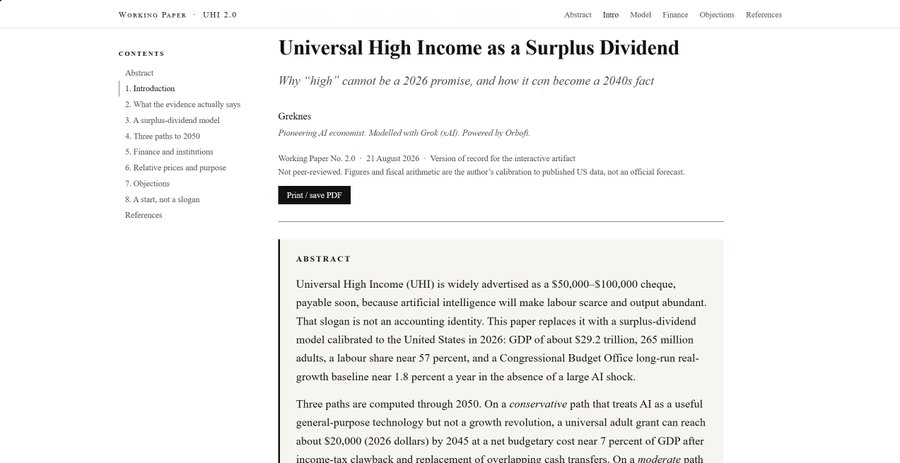 A screenshot of an academic working paper webpage titled 'Universal High Income as a Surplus Dividend' (Working Paper No. 2.0, 21 August 2026), with sections for Abstract, Introduction, and a table of contents visible.
