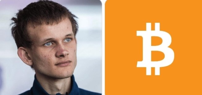 Vitalik Buterin is pictured alongside the Bitcoin (₿) logo, illustrating his recent commentary dismissing concerns that AI could crack Bitcoin's cryptography, while noting that approximately 90% of his wealth remains exposed to that risk.