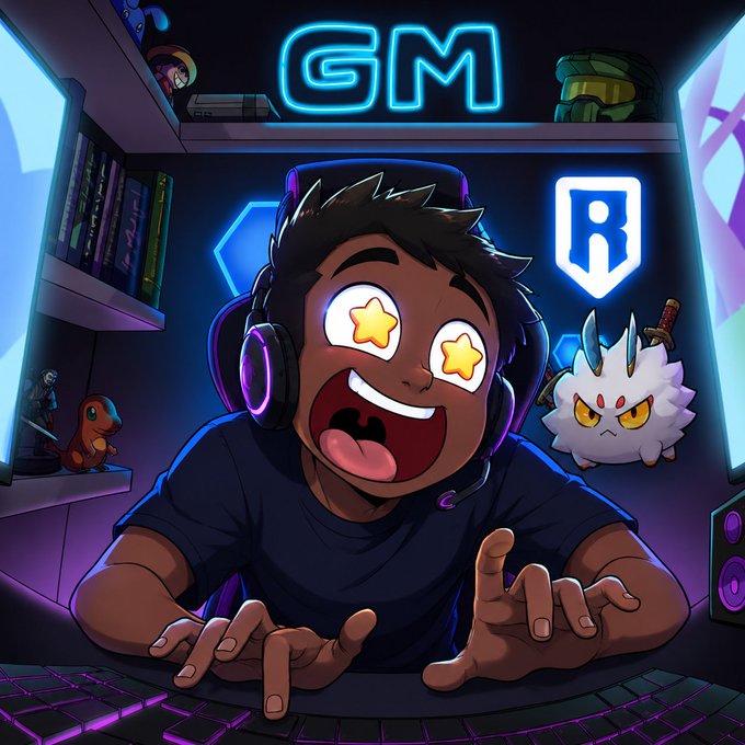 An illustrated avatar of an excited gamer with star-shaped eyes and a headset, with a neon 'GM' sign and a Rockstar logo in the background.