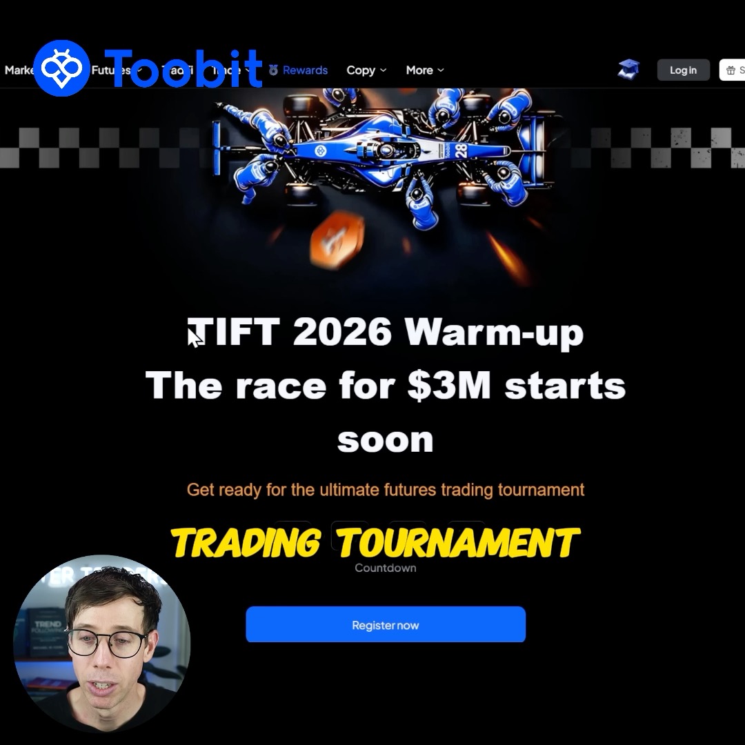 A promotional screenshot for 'Toobit' exchange advertising the 'TIFT 2026 Warm-up Trading Tournament' with a $3M prize pool, featuring a Formula 1 race car image, 'Register now' button, and a small video inset of a man with glasses speaking.
