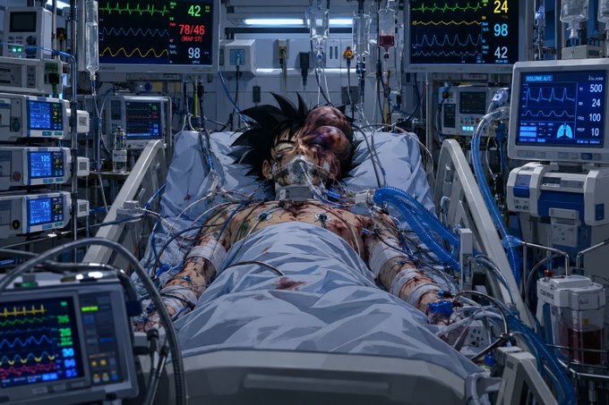 An anime-style illustration of a severely injured character with spiky black hair lying in a hospital bed, intubated and connected to multiple medical monitors displaying vital signs like 42, 78/46, 24, and 98.