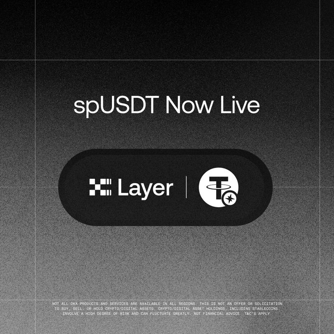A dark graphic with a grainy gradient background announces "spUSDT Now Live," featuring the Layer logo alongside the Tether (USDT) icon in a rounded badge, promoting the launch of spUSDT on X Layer's Onchain Earn with up to 3.2% APR through the Spark Finance Savings USDT vault.