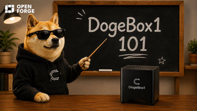 A promotional image for "OpenForge" featuring a Shiba Inu dog wearing sunglasses and a black hoodie, pointing at a chalkboard reading "DogeBox1 101" with a black DogeBox device on the desk.