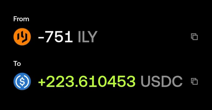 A cryptocurrency transaction receipt showing a swap from -751 ILY to +223.610453 USDC, suggesting the completion of a season for the ILTY project where tokens were converted to USDC. The negative ILY balance paired with the positive USDC gain reflects a token redemption or claim process, aligning with the post celebrating the end of "Season 2."