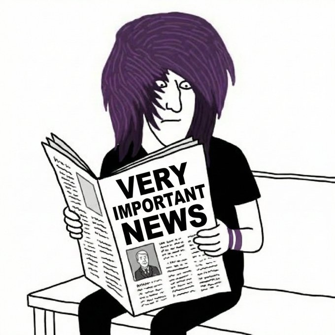 A cartoon illustration of a purple-haired person in a black shirt reading a newspaper with 'VERY IMPORTANT NEWS' on the front page.
