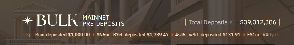 "Bigger, more valuable, stronger bulk trade. Any bull?" The image shows a long banner with the text "Bulk k mainny predeposits total deposits $39M".