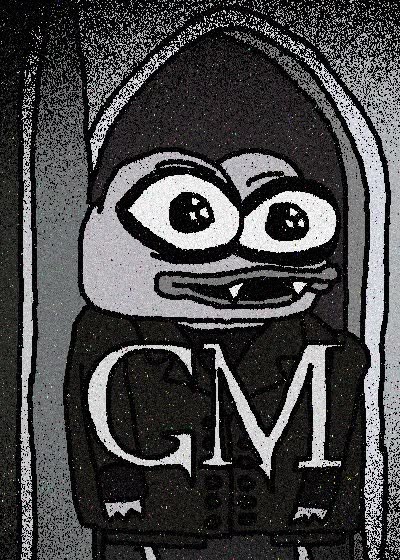 A black and white textured illustration of a cartoonish, fanged creature wearing a shirt with the letters 'GM' on it, standing in a gothic archway.