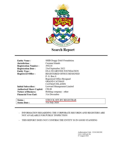 An official Cayman Islands Search Report for 'SHIB Doggy DAO Foundation', registered 23rd September 2022 with Exempted Foundation status, listing registration number 394218 and struck off by registrar status.