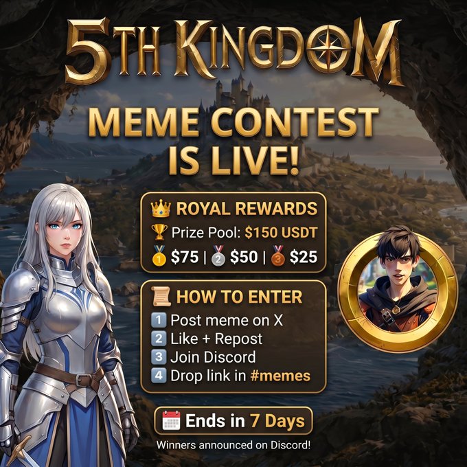 The image shows a mannequin dressed in armor standing next to a blue-haired woman, both wearing medieval clothing. They are standing on a cliff overlooking a castle or battlements. The text indicates that this is an advertisement for a meme contest related to the 5th Kingdom, where participants can submit their original memes as either a poster of a screenshot or a screenshot link. The grand prize involves becoming a Lord and gaining access to the kingdom's treasures or a household in exchange.