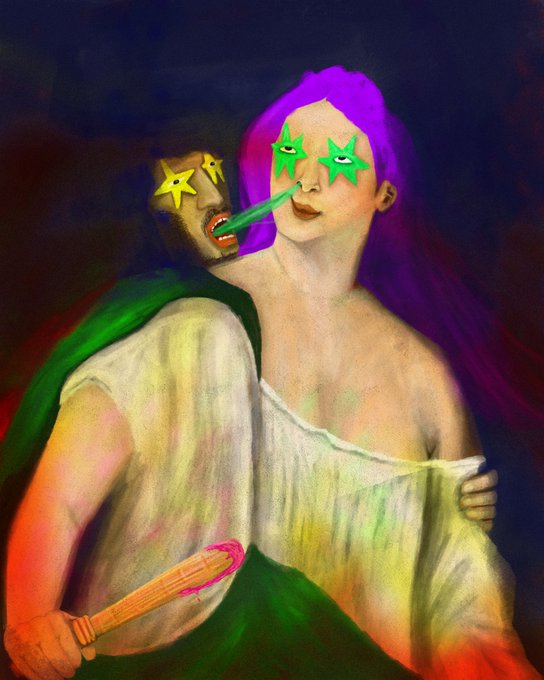 A digital artwork titled "terrible breath" depicts a figure with vivid purple hair and green star-shaped glasses being embraced from behind by a shadowy masked figure exhaling green vapor toward their face, while holding what appears to be a small weapon. The surreal, eerie composition illustrates the artwork's title through its unsettling imagery of offensive breath, matching the artist's signature surreal and provocative style.