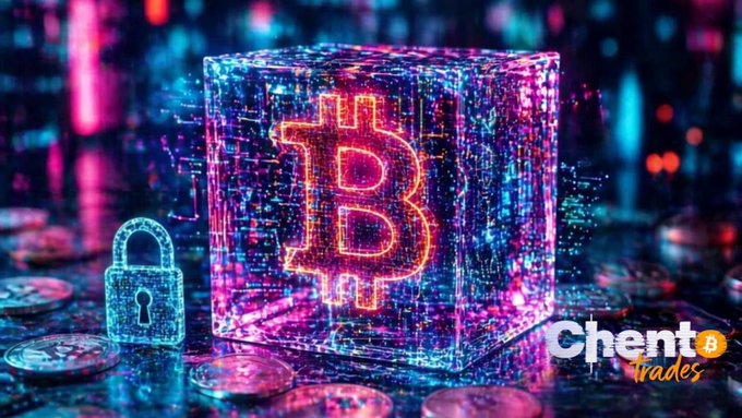 A glowing neon Bitcoin cube alongside a digital padlock sits amid scattered crypto coins, symbolizing the locked-up volatility of BTC. The "Chent Trades" watermark appears in the corner, tying the visual to the post's cautionary message about repeating market cycles and inevitable post-rally crashes.