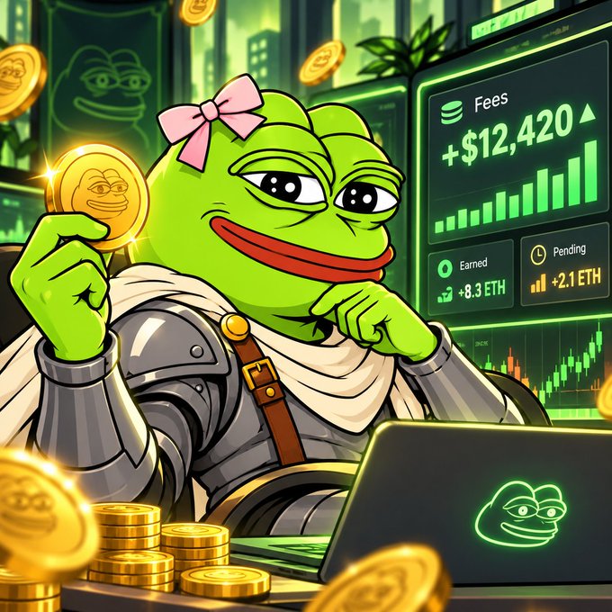 A digital illustration of an anthropomorphic Pepe the Frog character wearing armor and a pink bow, holding a gold coin, with crypto trading screens showing 'Fees +$12,420', 'Earned +8.3ETH', and 'Pending +2.1ETH' in the background.