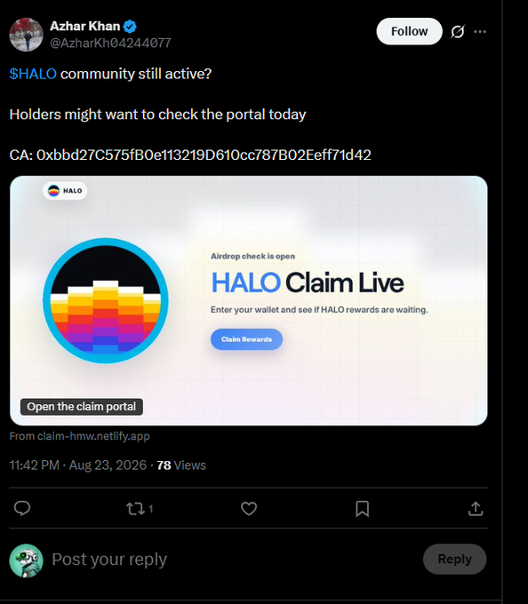 A tweet from Azhar Khan (@AzharKh04244077) asking if the '$HALO community' is still active, with a contract address and an image showing 'HALO Claim Live'.