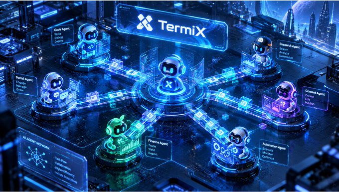 Termix platform visualization showing an interconnected AI agent network with Code Agent, Social Agents, Research Agent, Content Agent, Finance Agent, and Automation Agent.