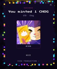 The image shows a successful mint confirmation screen displaying "SUCCESS You minted 1 CHOG - UID: Chog" with the character's pixel art portrait and token #1356, confirming the user just minted a Chog NFT via Freemint as mentioned in the post.