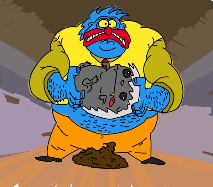 A cartoon illustration of a muscular yellow character with blue hair biting into a small gray creature, while a pile of feces sits between his feet.
