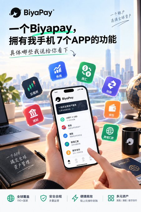 Chinese-language advertisement for 'BiyaPay' mobile app showing a hand holding a smartphone displaying the app interface, with icons representing features like trading, currency exchange, and global asset management.