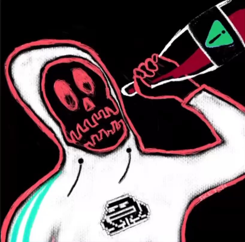 The image features a white hooded figure with red eyes, holding a bottle of wine and making a funny face as if they are about to drink from it. The background is black, which contrasts with the white hoodie and adds emphasis on the figure's actions. The caption below the image reads "Who knows how to get in touch with @osf_rekt or @rektguy mod or anyone who cares about $Rekt holders?". This suggests that there might be a connection between the person depicted in the image and someone named @osf_rekt, or possibly another individual named @rektguy. The post seems to be promoting an interest in the #Rekt hashtag on social media platforms.