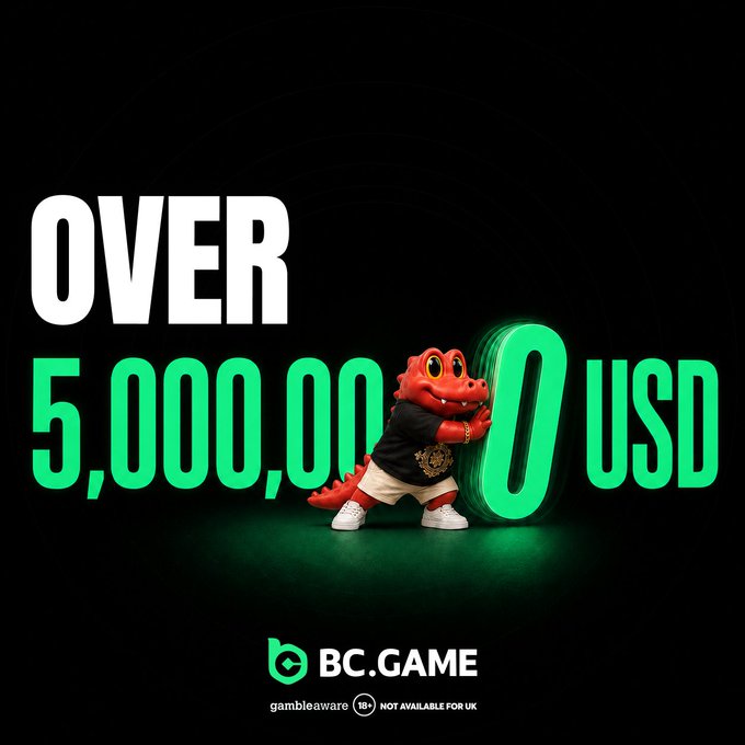 A promotional advertisement for BC.GAME featuring a red crocodile mascot holding a glowing '0' with the text 'OVER 5,000,000 USD', 'BC.GAME', and a note that gambling is not available for UK users.