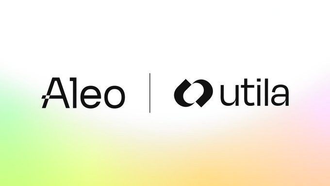 The image displays the logos of "Aleo" and "utila" side by side, separated by a vertical divider, on a soft gradient background. This visual represents the partnership announced in the post, where Aleo and Utila have collaborated to introduce private stablecoins (USDCx and USAD) on Aleo's privacy-focused blockchain within Utila's non-custodial MPC wallets.