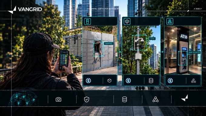 A VanGrid promotional graphic showing a person using a smartphone to identify physical infrastructure like a 6G+ data cabinet, antenna, and ATM with value detected, demonstrating AI-powered spatial recognition capabilities.