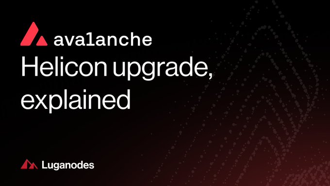A black graphic with white text reads 'Helicon upgrade, explained' alongside the Avalanche logo, with a 'Luganodes' branding at the bottom.
