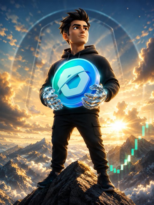 A man stands on a mountain peak holding a glowing Rezor coin, with a rising green candlestick chart in the background, illustrating the theme of strong conviction and patience in the crypto community.