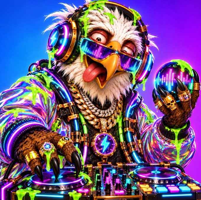 A vibrant, stylized digital artwork depicts a wild eagle character wearing neon sunglasses, gold chains, and a metallic jacket while DJing with glowing equipment.