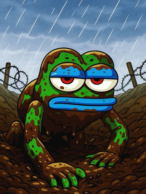 A mud-caked cartoon frog with red eyes cowers in a rainy trench lined with barbed wire, perfectly capturing the "buying the dip" mood of a sleepless night of shopping in market downturns. The desolate, war-torn imagery humorously reflects the post's theme of hunting for deals in the trenches during rough market conditions.