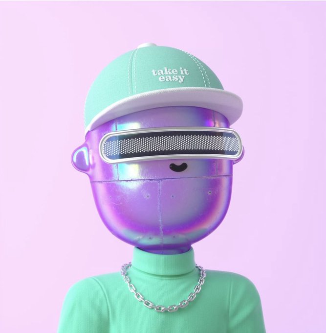 A 3D-rendered character with a purple holographic head wearing a VR headset, a mint green cap reading 'take it easy', and a matching green shirt with a silver chain necklace against a pink background.