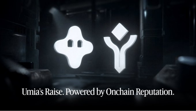 Promotional banner reading 'Umia's Raise. Powered by Onchain Reputation.' featuring two white logos against a dark, industrial background.