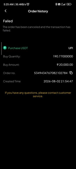 Mobile order history screen showing a failed USDT purchase order via UPI for 190.77 USDT at ₹20,000.00, order number 5349434767082102784, created 2026-08-02 21:54:47.