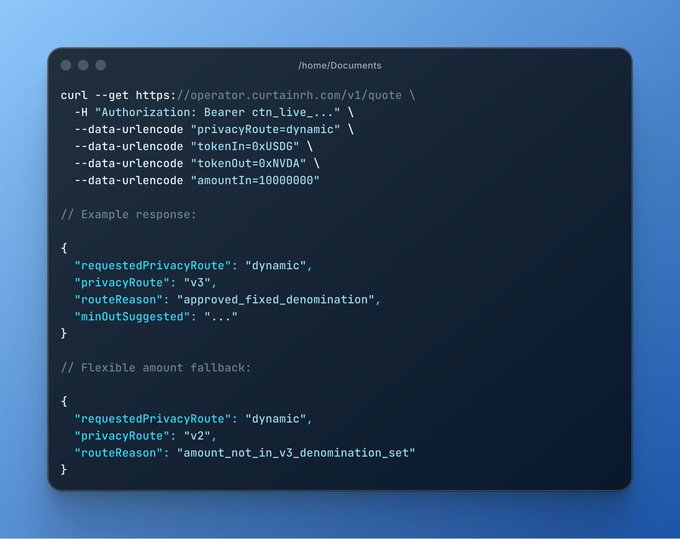 A code snippet on a dark terminal-style background showing a curl command to operator.curtain.nh.com for a privacy route quote, along with example JSON responses.