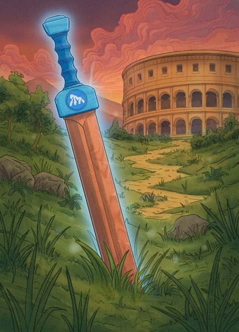 In the image, there is a wooden sword with a blue handle that is leaning against some grass. The sword appears to be old or antique-looking, suggesting that it might have been used in the past for various purposes. The sword is positioned on a hillside next to a building and a road, giving an impression of being in a historical setting. The post about the sword also mentions that it was made by @ApeChainHUB, which indicates that this image could be related to a project or a piece of art created for them.