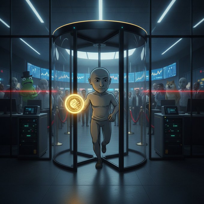 A 3D animated character in a gray outfit walks through a glass security door holding a glowing Bitcoin coin, while an audience, including Pepe and Doge figures, watches from behind a red laser barrier.