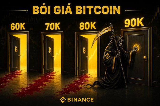 A dark themed Binance promotional graphic titled 'BÓI GIÁ BITCOIN' showing four doors labeled 60K, 70K, 80K, and 90K with a Grim Reaper holding a scythe that says 'TO THE MOON?' reaching for the 90K doorknob, with blood leading from the lower doors.