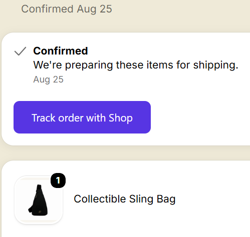 An order confirmation screen shows a "Confirmed" status dated Aug 25 with a "Track order with Shop" button and a Collectible Sling Bag item. The collectible bag visually ties to the post's theme of #BAYC collectors gathering rare items, suggesting this purchase is part of a NFT collector's haul.