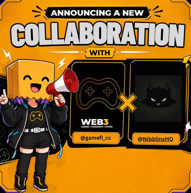 A promotional graphic announcing a 'NEW COLLABORATION WITH WEB3' featuring a cartoon character with a box-shaped head holding a megaphone, alongside the GameFi and Nibblins logos.
