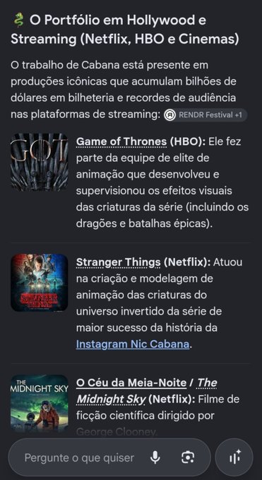 A Portuguese-language search result titled 'O Portfólio em Hollywood e Streaming' lists the work of Nic Cabana on productions including Game of Thrones (HBO), Stranger Things (Netflix), and The Midnight Sky.