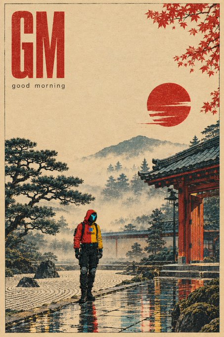 A lone figure in a red and yellow jacket walks through a serene Japanese-inspired landscape at dawn, with a red sun rising over traditional architecture and pine trees, captioned "GM good morning." The image's tranquil sunrise and "GM" (good morning) text align with the post's "quiet morning at first light" sentiment, while the lone wanderer mirrors the solitary, reflective tone of the message.