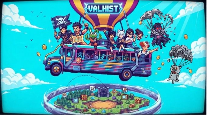 Colorful pixel-art illustration titled 'VALHIST' depicts a diverse cast of characters riding a flying bus attached to a balloon, with characters parachuting coins down toward a circular game map below.