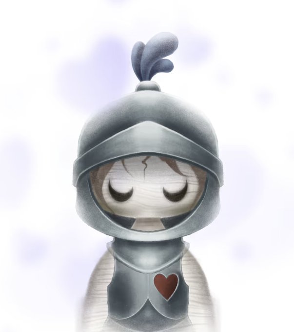 A stylized digital illustration of a small, cute character wearing a gray knight's helmet with a feather plume, featuring a red heart on its chest and closed, peaceful eyes.