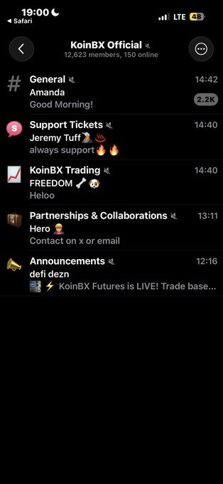 A mobile screenshot of the 'KoinBX Official' Telegram channel displaying various chat categories like General, Support Tickets, KoinBX Trading, Partnerships & Collaborations, and Announcements.