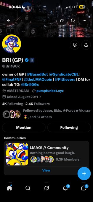 A Twitter/X profile page for "BRI (GP)" (@Bri100x) with verified badges, showing bio details including collaborations with @BasedBot, @theLMAOcoin, @Pillievers, and Amsterdam-based @pumpfunbot, with 2.4K followers.