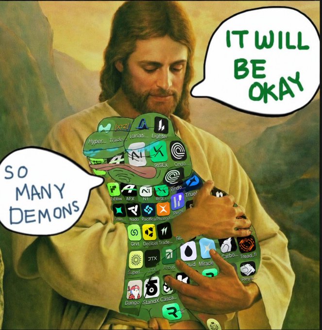 A meme depicting Jesus holding a bundle of app icons for various perpetual DEX platforms (including RiseX, GRVT, Pacifica, dYdX, Jupiter, and others), saying "SO MANY DEMONS" in response to Jesus reassuring "IT WILL BE OKAY," humorously reflecting on the crowded landscape of perp DEXs like RiseX and GRVT mentioned in the post.